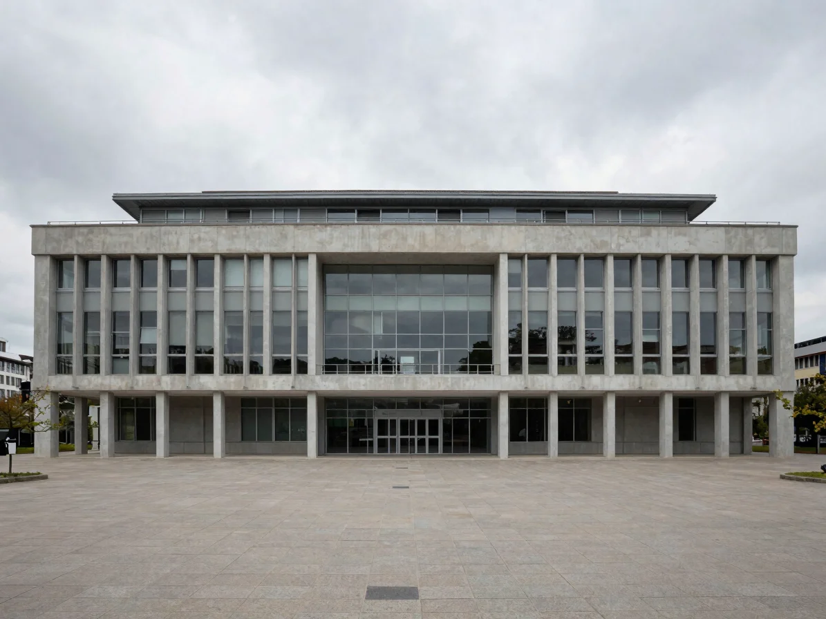 Vue large d'un bâtiment de conférences institutionnel, lumière na