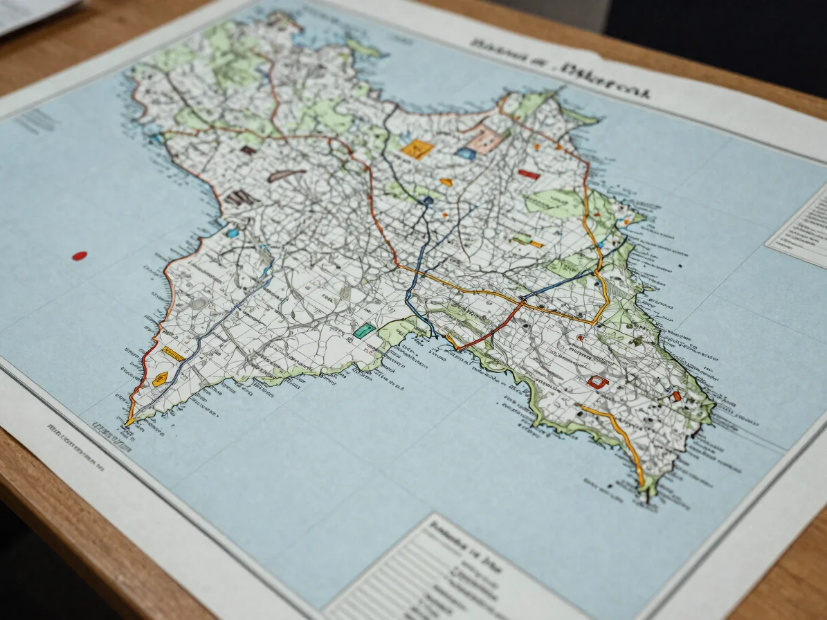 Détail d'une carte stratégique imprimée sur table de travail, lum